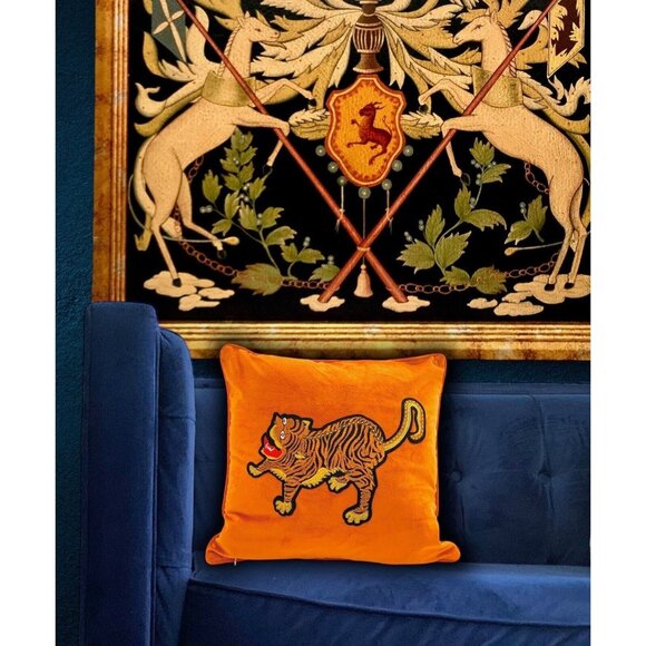 Pillow Tiger Design on Orange Velvet Fabric Colourful Whimsical Decor - Picture 3 of 5